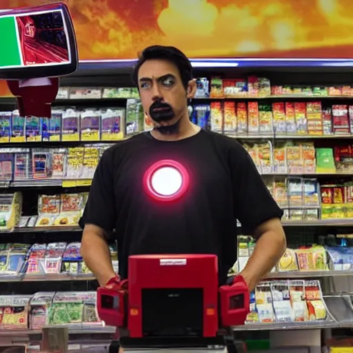 Prompt: Iron Man working as a 7/11 cashier using a red laser scanner, cash register, red laser scanner, wide wide shot, very detailed, beautiful lighting, smoke