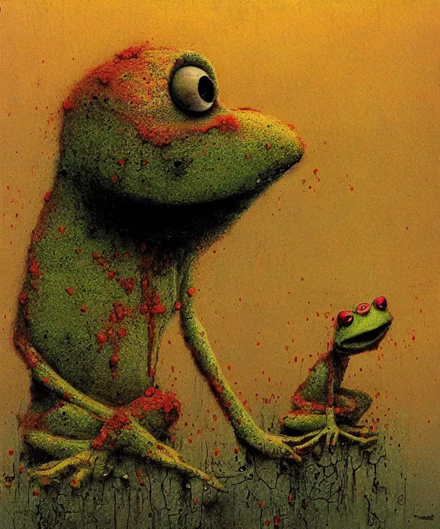 Prompt: bloody Kermit the frog megalophobia by Beksinski, macro