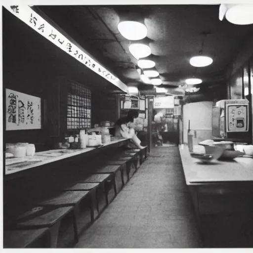 Prompt: photograph of the inside of a ramen shop in 1960s Japan, kodak, 10mm, nighttime