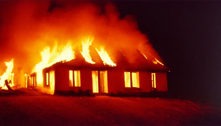 Image similar to 1 9 7 0 s movie still of a heavy burning french style little house in a small northern french village by night in autumn, cinestill 8 0 0 t 3 5 mm, heavy grain, high quality, high detail, dramatic light, anamorphic, flares