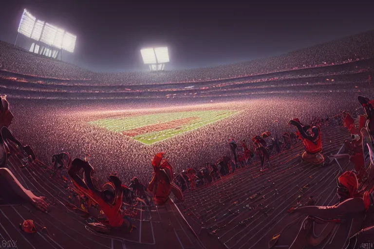 Image similar to detailed intricate digital illustration by greg rutkowski and artgerm and wlop and sanford robinson gifford ; on the field of a modern stadium full of 3 0 0 thousand people, bright stadium lights, night, open roof ; 1 3 mm film, arri alfa anamorphic lens, fisheye wide angle ; sharp focus ; trending on artstation 8 k