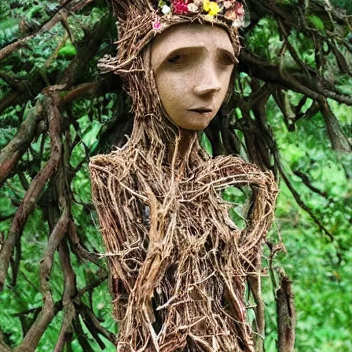 Image similar to anthropomorphic tree woman sculpture made from twigs wearing a crown made of flowers and leaves