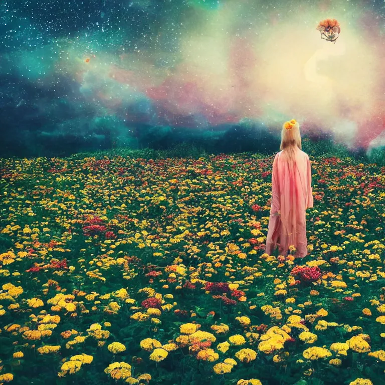 Image similar to a planet of various flowers, fungus and plants, in which the singular human figure is dressed in something magical and impressive, inside the picture is infinity, sunset light, Atmospheric phenomenon, artistic photography, muted colors, conceptual, long exposure outside the city, volumetric light