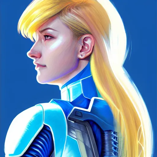 Prompt: head and shoulders portrait of Zero Suit Samus, semi realistic, digital illustration, fantasy, medium shot, intricate, elegant, highly detailed, digital painting, volumetric light, artstation, concept art, smooth, sharp focus, art by Sachin Teng and Fernanda Suarez and Greg Manchess and Alphonse Mucha