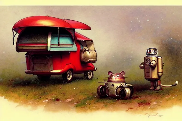 Prompt: adventurer ( ( ( ( ( 1 9 5 0 s retro future robot android mouse rv wagon motorhome robot. muted colors. ) ) ) ) ) by jean baptiste monge!!!!!!!!!!!!!!!!!!!!!!!!! chrome red