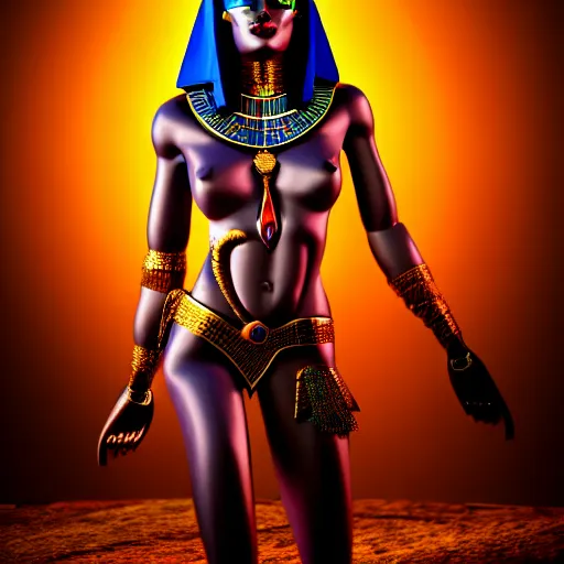 Image similar to demonic egyptian queen, oasis in the background, professional photography, natural light, anatomically correct body, many details, super realistic, high quality, 8 k