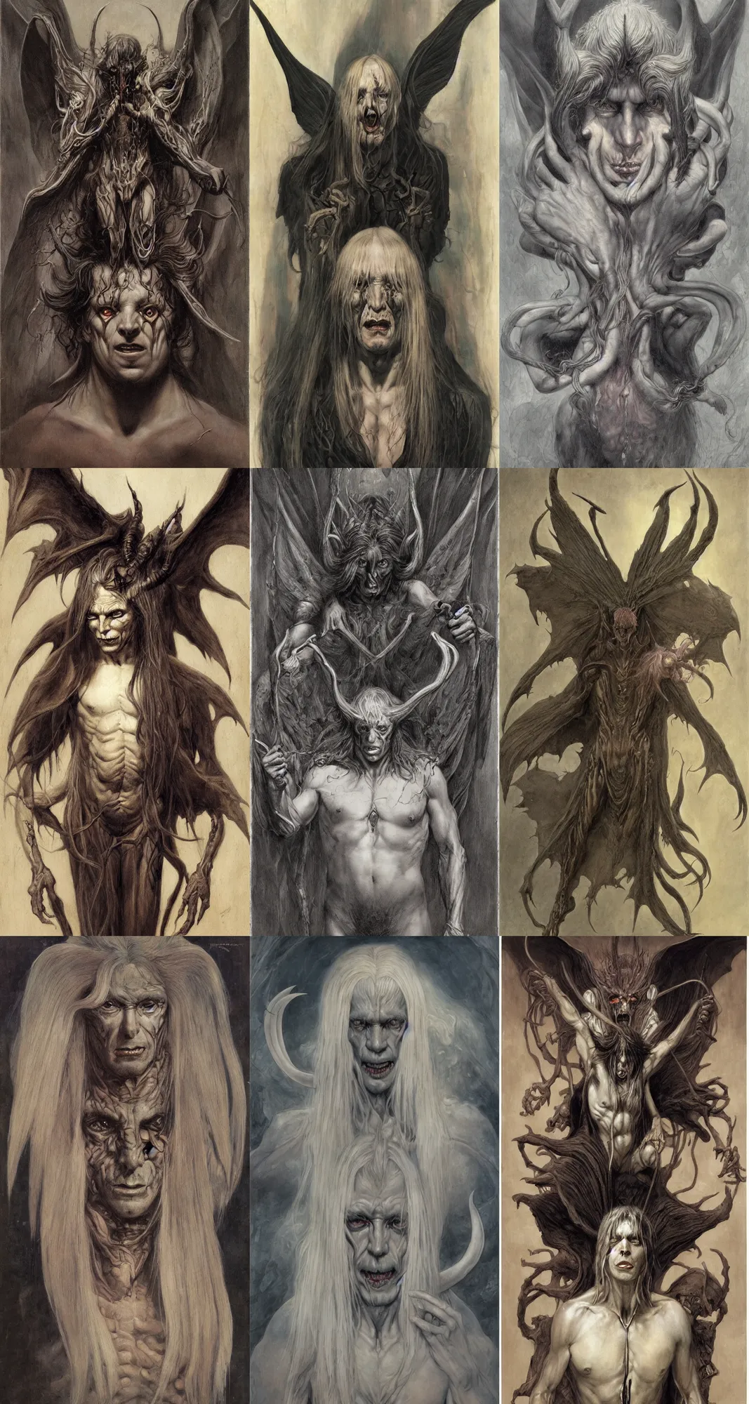 Prompt: portrait of a male demon with long white hair and batwings, in the style of wayne barlowe, gustav moreau, goward, bussiere, roberto ferri, santiago caruso, luis ricardo falero, austin osman spare