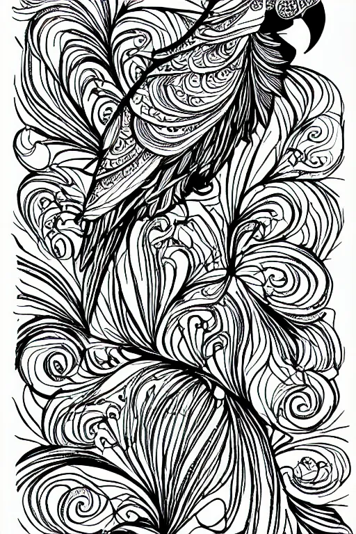 Prompt: parrot, fractal, ink drawing, line art colouring page