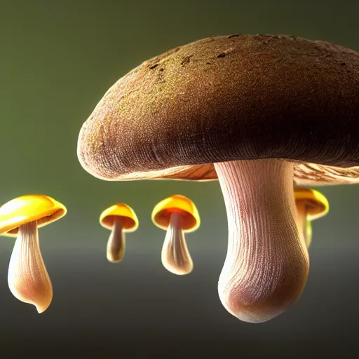 Prompt: backlit golden teacher mushroom dropping spores in the woods soil, unreal engine, closeup