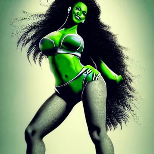 Image similar to Singer Beyoncé as She-Hulk, smiling, photorealistic drawing, sports illustrated, detailed legs, hyperreal, surreal, artstation, bokeh, tilt shift photography, photo illustration