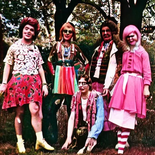 Image similar to 1 9 6 0 s photograph of a group of mixed gender hippies wearing peppermint themed outfits