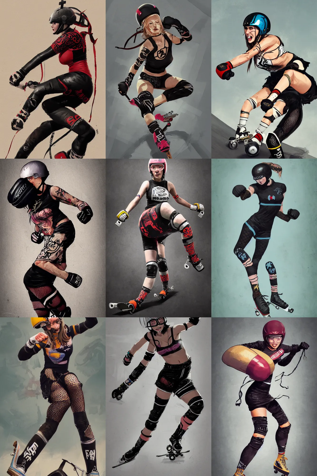 Image similar to logo design, roller derby girl sprinting Cross-Over, wearing skate helmet, knee pads, elbow pads,full length portrait, fishnet tights, torn, ripped, fists in the air, illustration by greg rutkowski