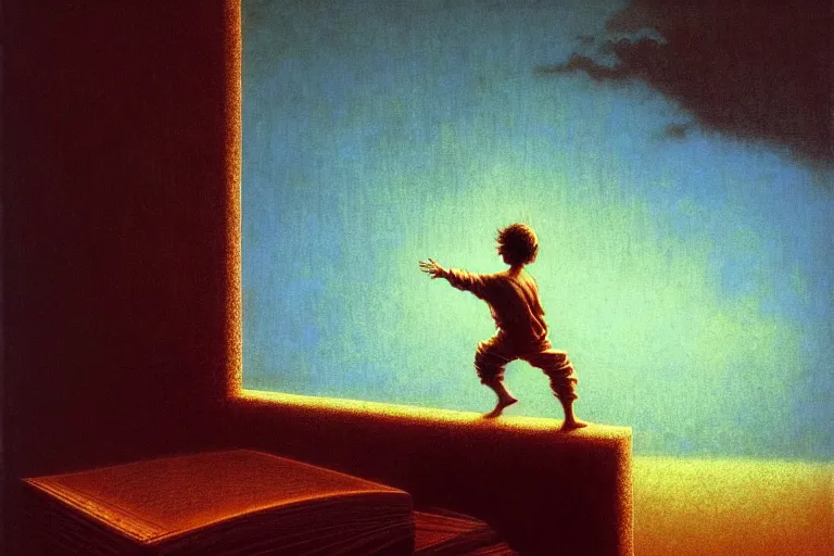 Image similar to boy standing on the opened book and looking at other books floating in the air, in the style of beksinski, intricate and epic composition, sky blue by caravaggio, insanely quality, highly detailed, masterpiece, milk white light, artstation, 4 k