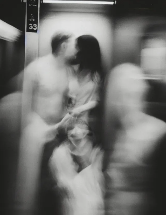 Image similar to wide angle, polaroid photograph with flash, in nyc subway couple of man and woman surrounded by aura light, cool colors, bleached, kodak film stock, hyper real, stunning moody cinematography, with anamorphic lenses, by maripol, detailed