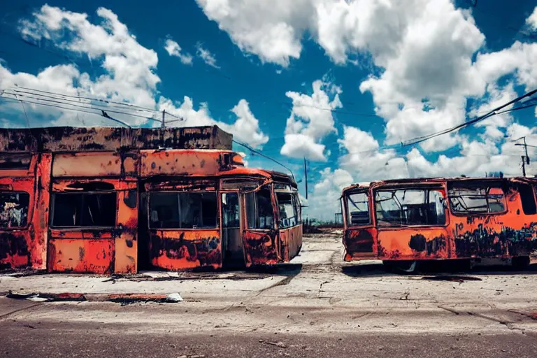 Image similar to low wide angle shot of dilapidated fallout 5 miami, tropical coastal city, desolate, dilapidated neon signs, few rusted retro futuristic vintage parked vehicles like cars, buses, trucks, trams, sunny weather, few clouds, volumetric lighting, photorealistic, daytime, spring, sharp focus, ultra detailed, 4 0 0 0 k