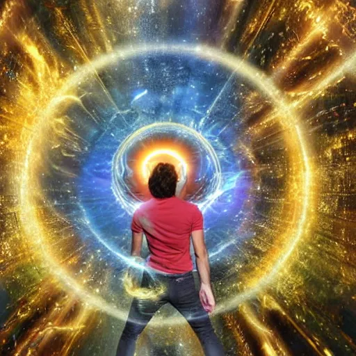 Prompt: a man opening a portal through the multiverse