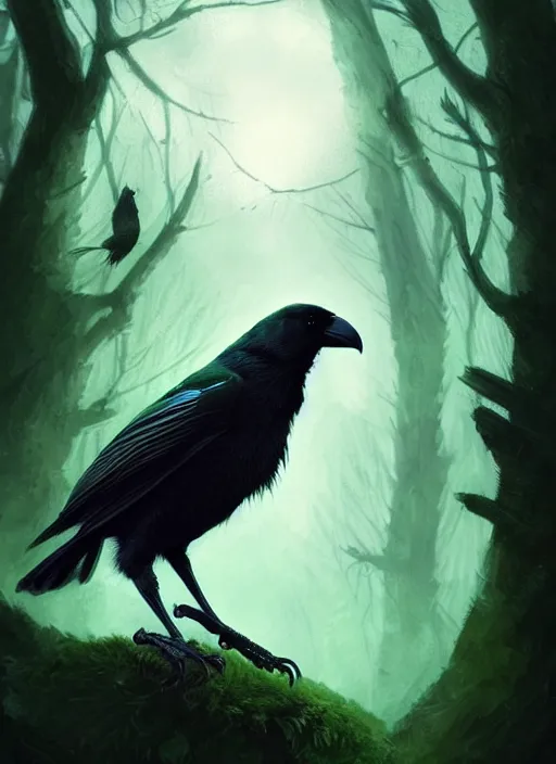 Image similar to side portrait dark crow (animal), close-up, fantasy forest landscape, moonshine, fantasy magic, nice black feather, proud, green dark light night, intricate, elegant, sharp focus, illustration, highly detailed, digital painting, concept art, matte, art by WLOP and Artgerm and Greg Rutkowski and Eddie Mendoza, masterpiece