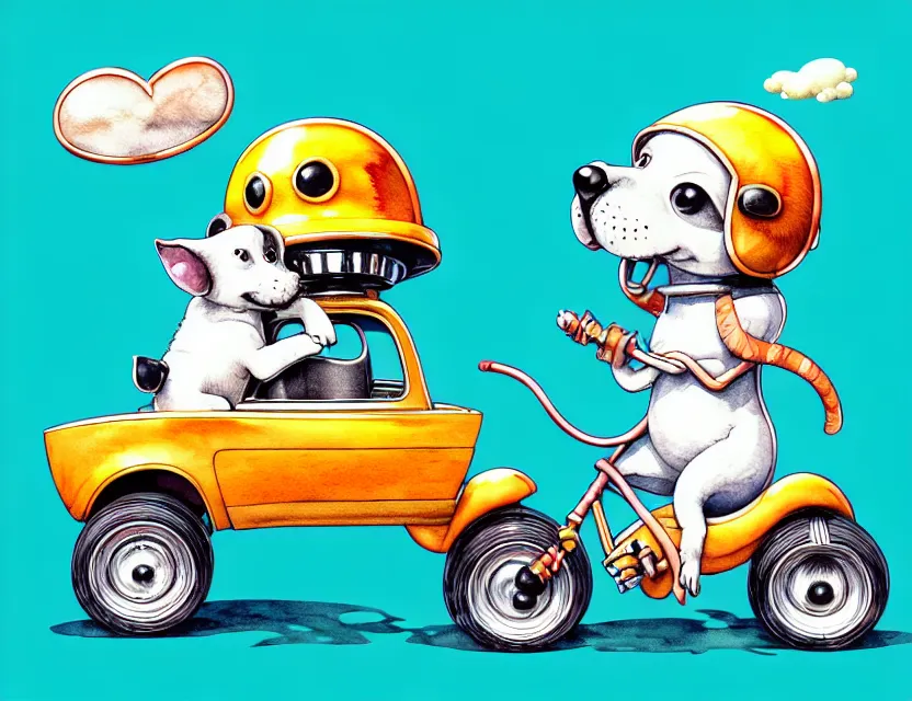 Image similar to cute and funny, puppy wearing a helmet riding in a tiny hot rod with an oversized engine, ratfink style by ed roth, centered award winning watercolor pen illustration, isometric illustration by chihiro iwasaki, edited by range murata, tiny details by artgerm and watercolor girl, symmetrically isometrically centered, sharply focused