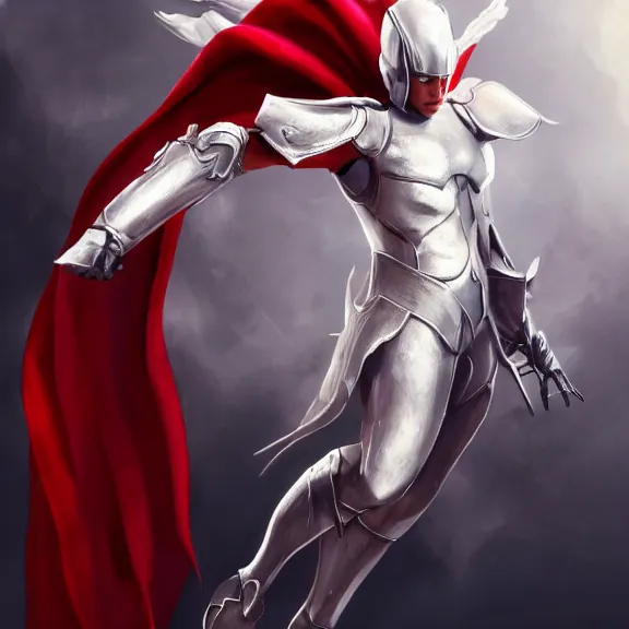 Prompt: cinematic full body shot of a male angel flying, white metallic armor, red cape, elegant pose, detailed arms, detailed white armor, two arms, two legs, detailed fanart, rpg art, d&d art, macro art, digital art, DeviantArt, artstation, 8k HD