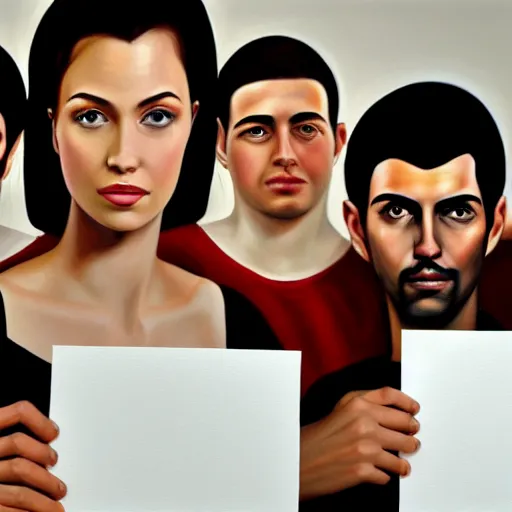 Image similar to hyperrealistic! painting of a woman holding some note papers and three men and a woman watching over, detailed digital art, trending on artstation