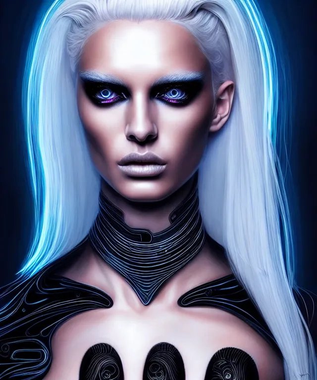 Prompt: Supermodel woman turning into an Android portrait, dark surrealism , scifi, intricate, elegant, sharp black neon eyebrows, ornate long flowing platinum blonde hair and small black streaks, highly detailed cybernetic body, neon glowing eyes, digital painting, artstation, concept art, smooth, sharp focus, illustration, art by Artgerm and moebius and Peter Mohrbacher