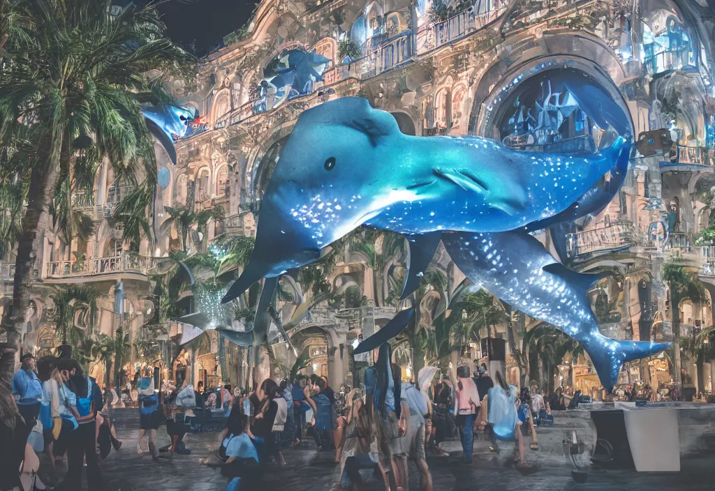 Image similar to 3 d 🦈 popping out of curved screen, town square, volumetric lighting, bokeh, creterion collection, shot on 7 0 mm, instax