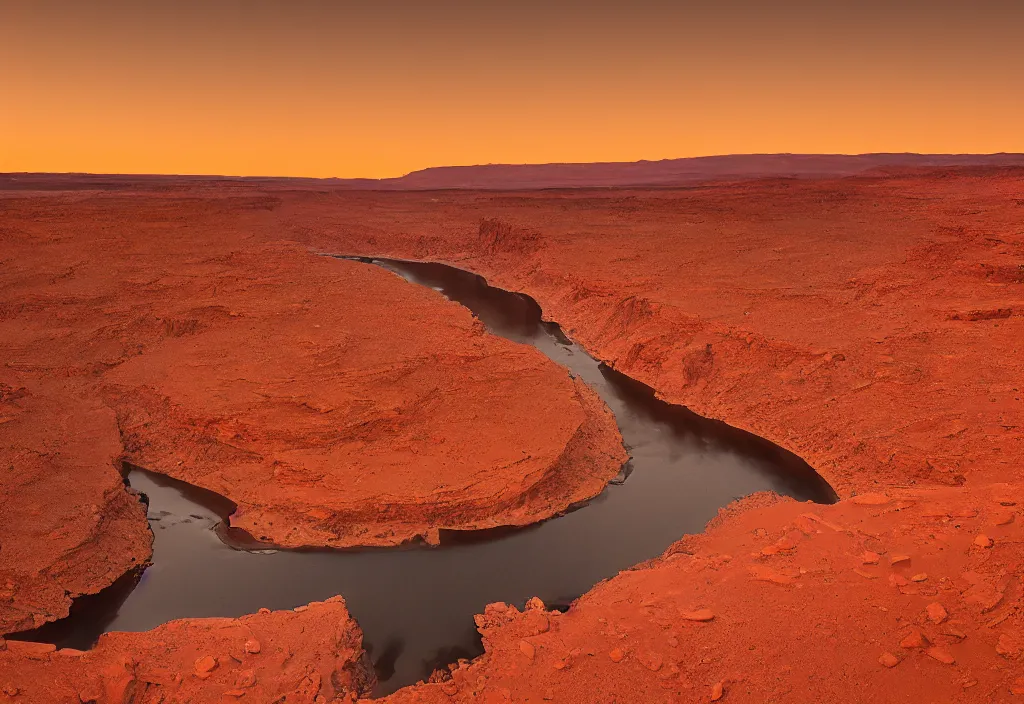 Image similar to a river bend running through a canyon surrounded by desert mountains at sunset on mars, planet mars, moab, utah, a tilt shift photo by frederic church, trending on unsplash, hudson river school, 3 5 mm photo, photo taken with provia, national geographic photo