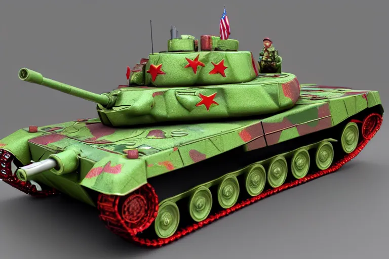 Image similar to product photo of life sized toy military tank made by fisher price, colorful plastic, high quality, intricate detail, realistic textures, octane render, unreal engine 5, hyperrealism