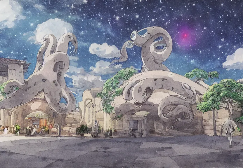 Prompt: a hyperrealist watercolor concept art from a studio ghibli film showing one giant grey octopus. a temple is under construction in the background in india on a misty and starry night. by studio ghibli. very dull muted colors