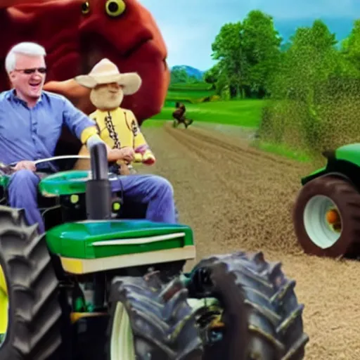 Image similar to high - quality of steve martin driving a tractor, being chased by barney the dinosaur and a swarm of bees, 4 k