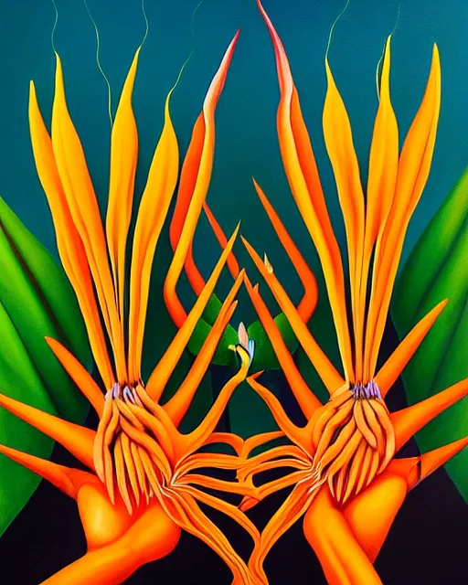 Prompt: neo-surreal painting of very detailed veiny human hands holding Birds of Paradise flowers robert steven connett dramatic orange light 8k high angle shallow depth of field