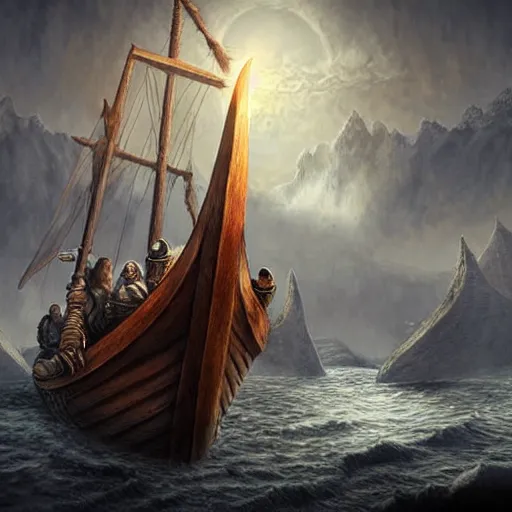 Prompt: epic viking ship, centered in picture, epic fantasy, detailed, intricate, digital painting, concept art, realistic, smooth, focus, rim light