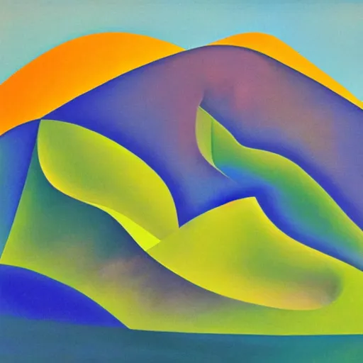 Image similar to woman woman as the natural landscape, her curves form the mountains and rivers of this land, high quality art in the style of cubism and georgia o'keefe,