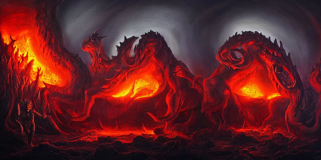 Image similar to mythical creatures and monsters at the mouth of hell, dramatic lighting glow from giant fire, in a dark surreal painting by ronny khalil