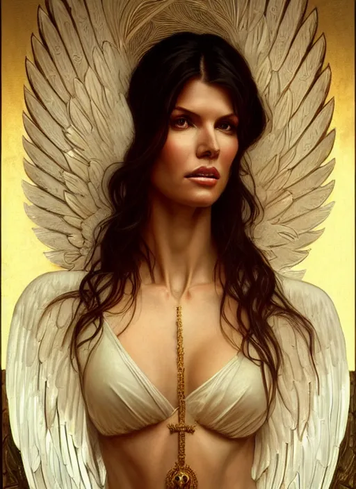 Image similar to portrait of victoria silvstedt as an angel, bible, katholic, intricate, headshot, highly detailed, digital painting, artstation, concept art, sharp focus, cinematic lighting, illustration, art by artgerm and greg rutkowski, alphonse mucha, cgsociety