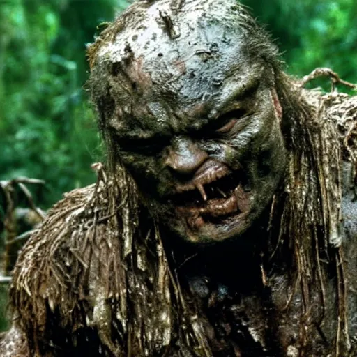 Prompt: cinematic still of marlon brando, covered in mud and watching a predator in a swamp in 1 9 8 7 movie predator, hd, 4 k
