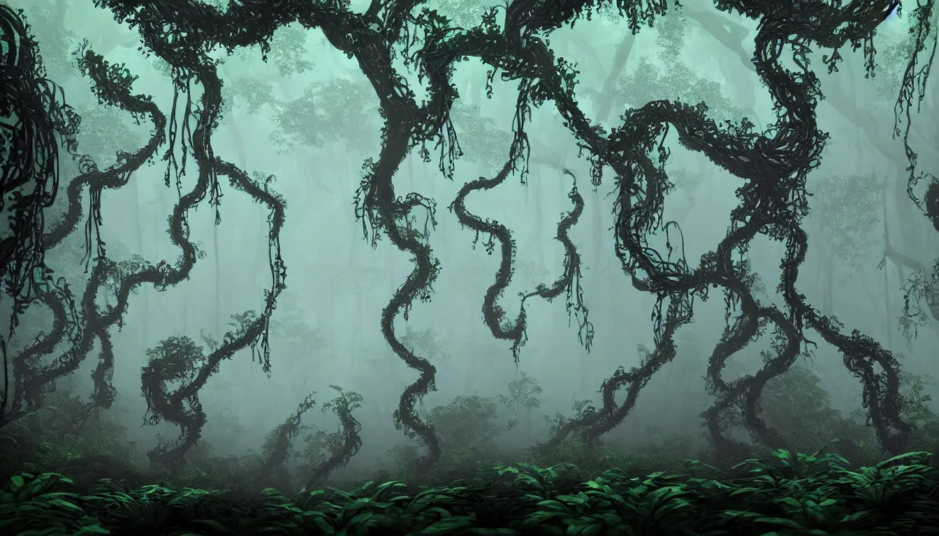 Prompt: eerie and dark deep mayan jungle forest realm biodiversity , side-scrolling 2d platformer game level, swirling clouds of magical fog through the trees, web of vines, ancient temple gigantic statue guardians in ruins in the background between the tree trunks, dramatic dusk sun illuminates areas, volumetric light , detailed entangled roots carpet the forest floor, rich color, upscale , 8k