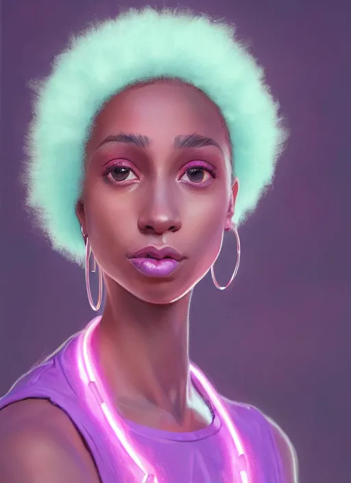 Image similar to portrait of vanessa morgan, black teenage girl, pink hair, wavy pixie haircut, purple newsboy cap, fluffy pink hair coming out from under cap, hoop earrings, subtle confident smile, intricate, elegant, glowing lights, highly detailed, digital painting, artstation, concept art, sharp focus, illustration, art by wlop, mars ravelo and greg rutkowski