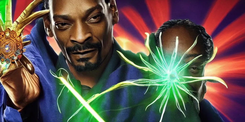 Image similar to snoop dogg as the doctor strange, marijuana leaves, green light, highly detailed, marvel cinematic universe, mcu, photo