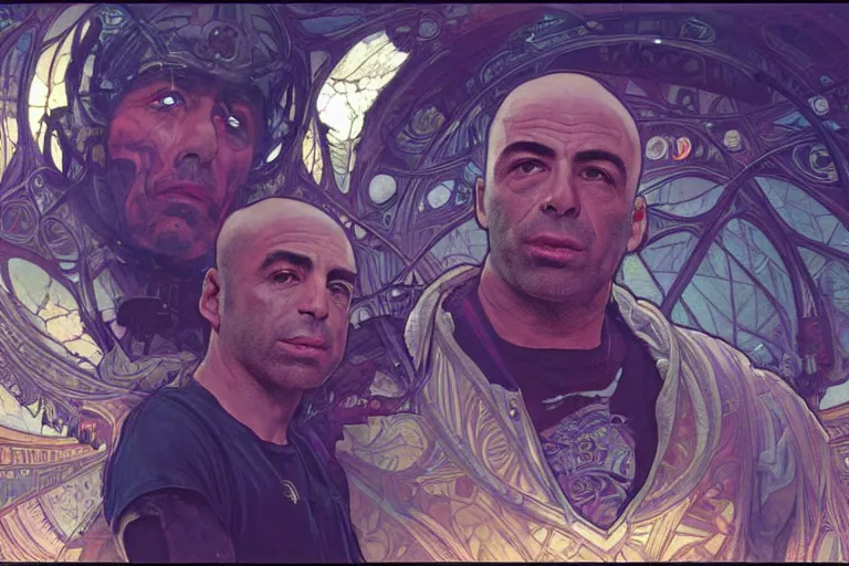 Image similar to joe rogan interviewing an inter - dimensional dmt alien, octane render, by greg rutkowski, alphonse mucha, artgerm