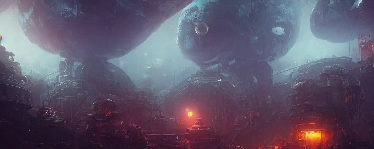 Image similar to ” outer planet with thick fog and steampunk structures, [ cinematic, detailed, epic, widescreen, opening, establishing, mattepainting, photorealistic, realistic textures, octane render, art by paul lehr ] ”