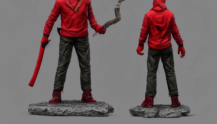 Image similar to hand painted figurine of jason voorhees in red clothes, hyperdetailed, artstation, cgsociety, 8 k