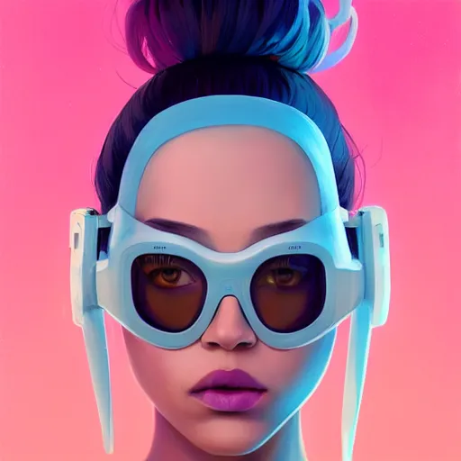 Image similar to beautiful woman wearing opaque reflective goggles profile picture by greg rutkowski, dynamic pose, brown skin, long locs hair, asymmetrical, futuristic, pastel neon colors, streetwear, studio ghibli, organic painting, matte painting, geometric shapes, hard edges, street art, trending on artstation, fantasy lut, realistic by sachin teng,