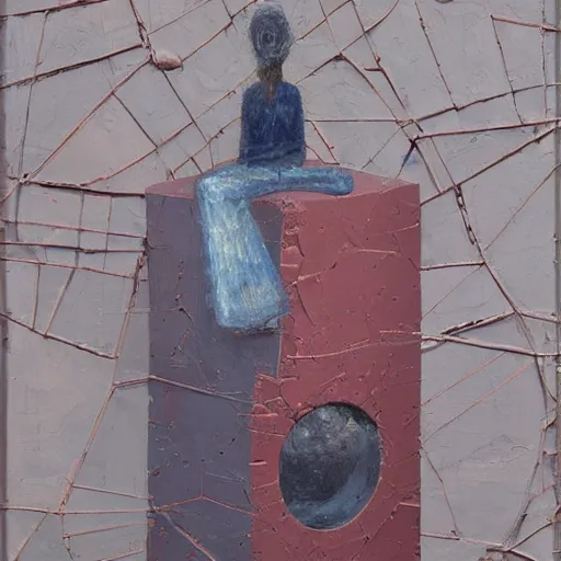 Prompt: a detailed, impasto painting by shaun tan and louise bourgeois of an abstract forgotten sculpture by ivan seal and the caretaker, shattered