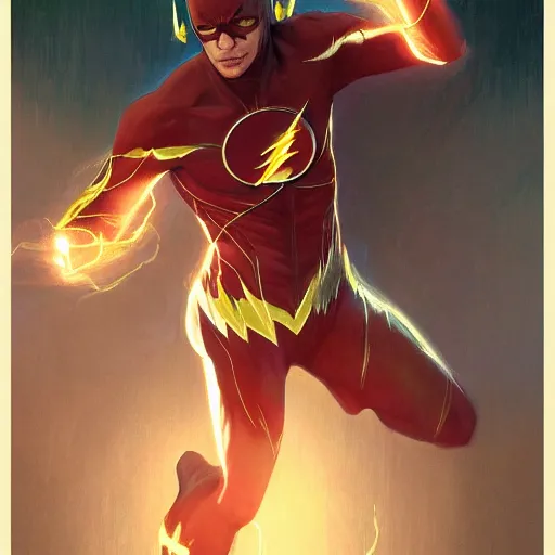 Prompt: The Flash from Justice Leage 2020, portrait art by alphonse mucha and greg rutkowski, highly detailed, digital painting, concept art, illustration, dim lighting with twilight rays of sunlight, trending on artstation, very detailed, smooth, sharp focus, octane render