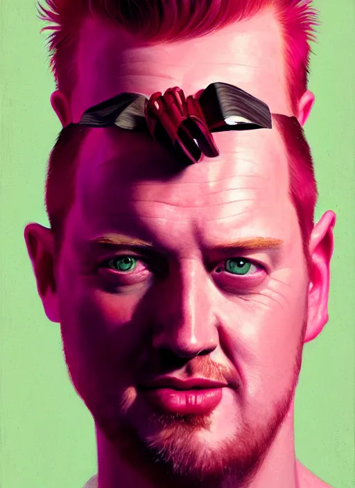 Image similar to portrait of josh homme, realistic, smile, ugly, defined jawline, big chin, pink hair bow, intricate, elegant, glowing lights, highly detailed, digital painting, artstation, sharp focus, illustration, art by wlop, mars ravelo and greg rutkowski