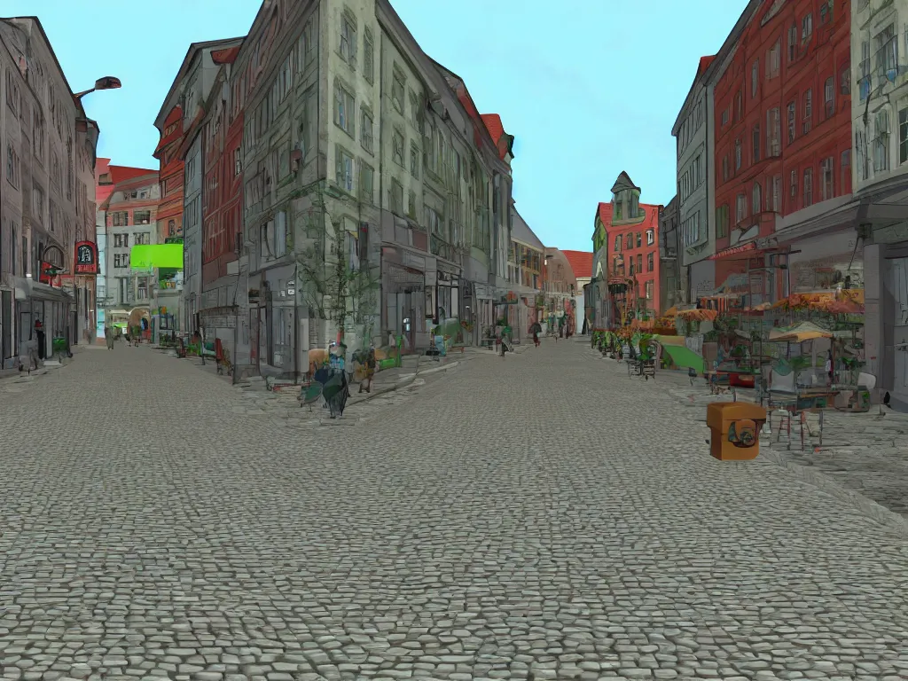 Prompt: Estonian city street as a PS1 first person video game