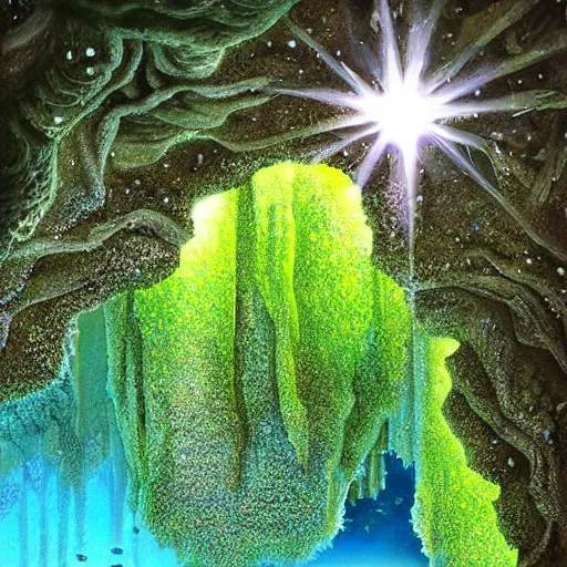 Image similar to a beautiful ultadetailed mossy cavern with sparkling clusters of crystals attached to the walls, gorgeous clear blue water, art by paul davis