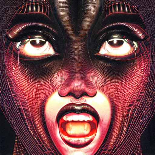 Prompt: portrait closeup of screaming black reflective glossy dark woman, sensual pose, symmetrical, glitches, snakes coming out from her mouth, by yoichi hatakenaka, masamune shirow, josan gonzales and dan mumford, ayami kojima, takato yamamoto, barclay shaw, karol bak, yukito kishiro, moebius