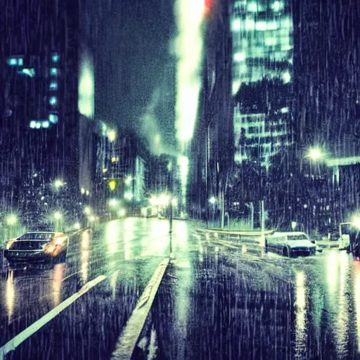 Prompt: a city street at night, raining, photograph, cars on the road, monster attack